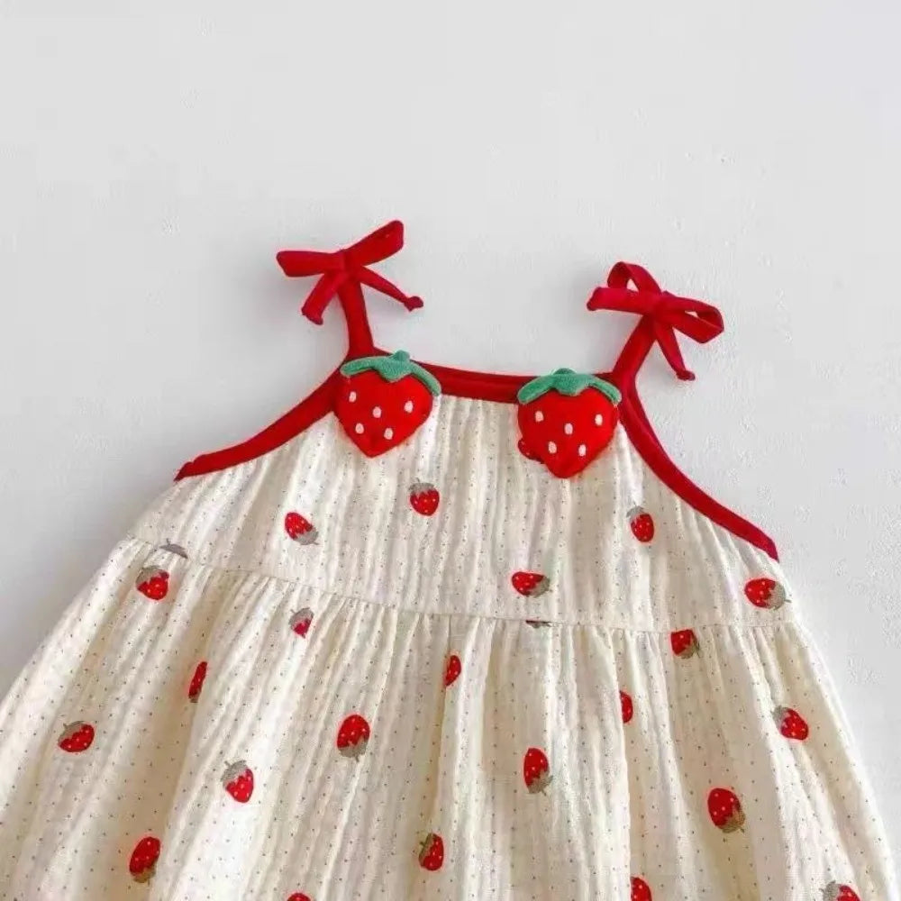 Strawberry Print Baby Girl Sling Romper | Cotton Jumpsuit