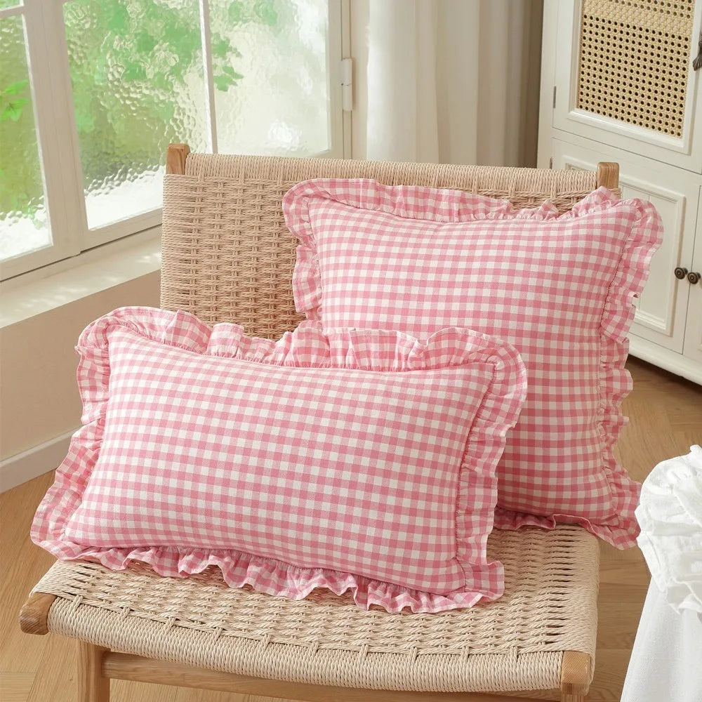 Ruffled Lotus Leaf Throw Pillow Cover | Plaid Soft Polyester
