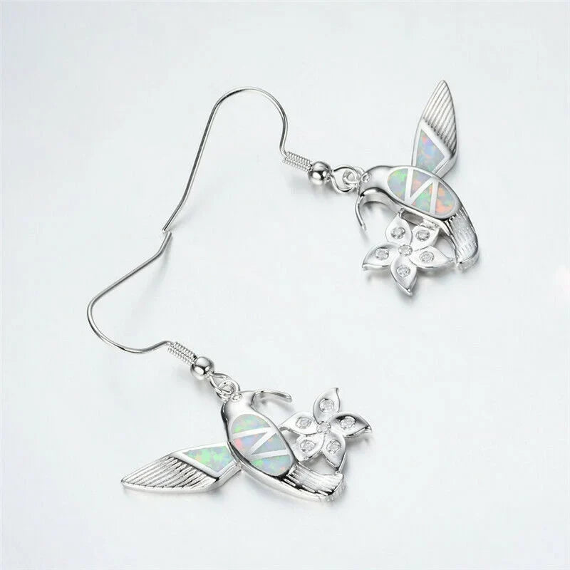 White Simulated Opal Bird Flower Crystal Stud Earrings