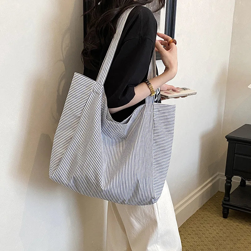 Women's Striped Canvas Tote Bag – Large Shoulder Bag