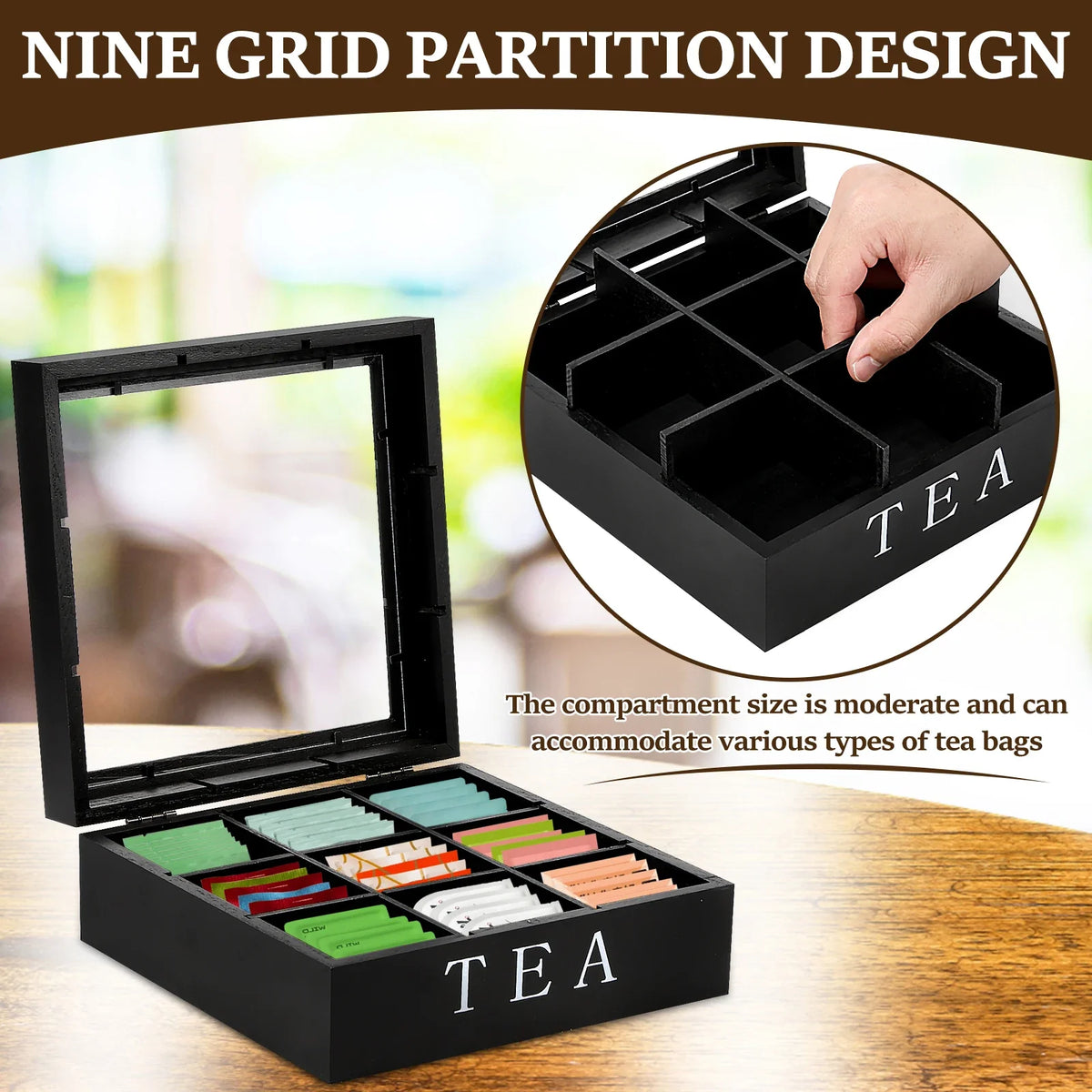 Wooden Tea Bag Organizer – 9 Compartments & Clear Lid