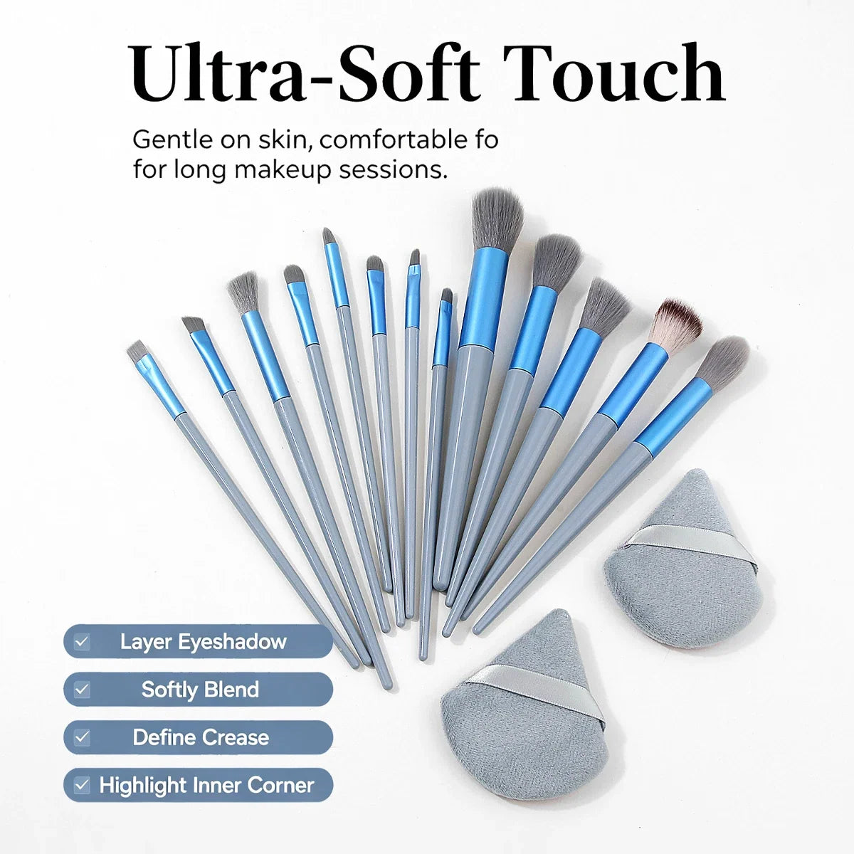 15Pc Makeup Brush Set + 2 Triangle Puffs | Pro Synthetic Kit