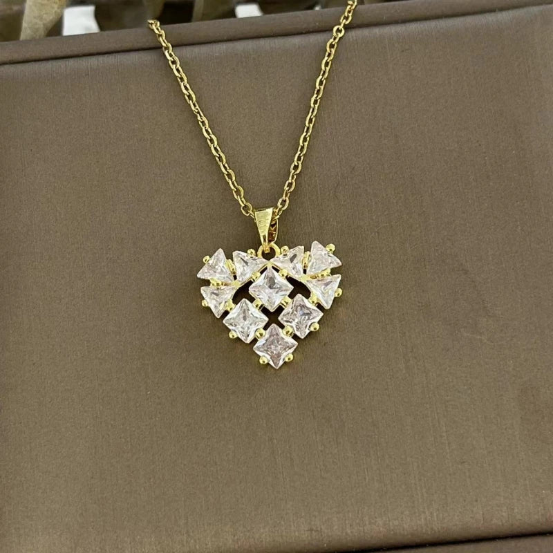 Full Diamond Heart Pendant Necklace – Gold Stainless Steel