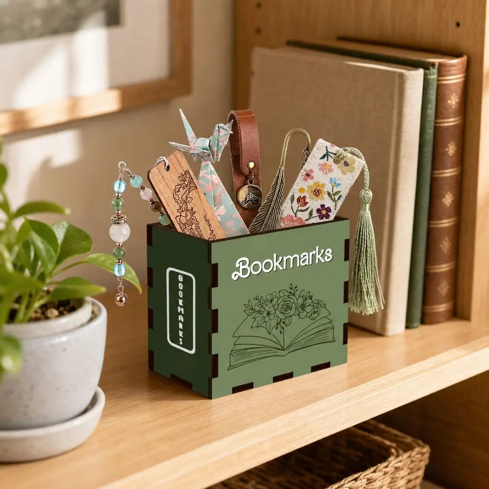 Wood Book-Shaped Bookmark Storage Box & Desktop Pen Organizer