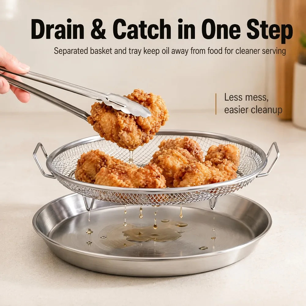 2-Pc Stainless Steel Frying Draining Basket & Tray Set