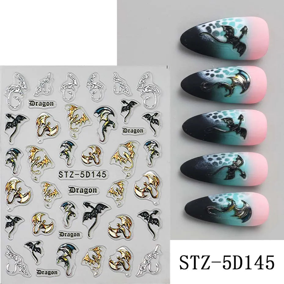 5D Embossed Dragon & Snowflake Nail Stickers – Metallic Decals