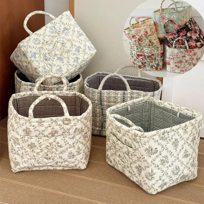 Large Quilted Floral Storage Basket with Handles – Foldable