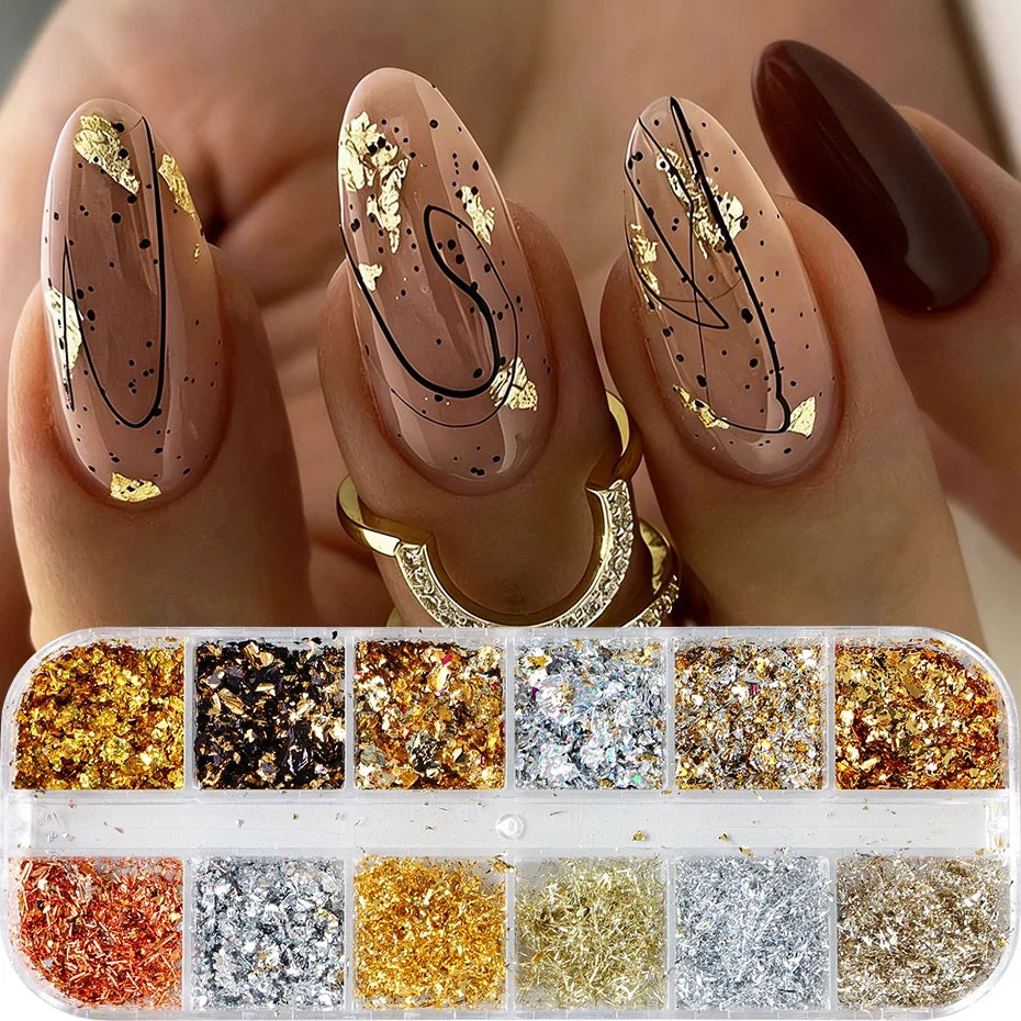 12-Grid Gold & Silver Glitter Nail Art Flakes Sequins Set