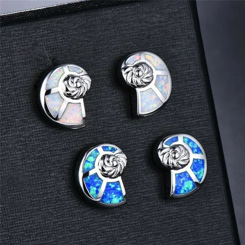 White Snail Simulated Opal Glass Vintage Stud Earrings