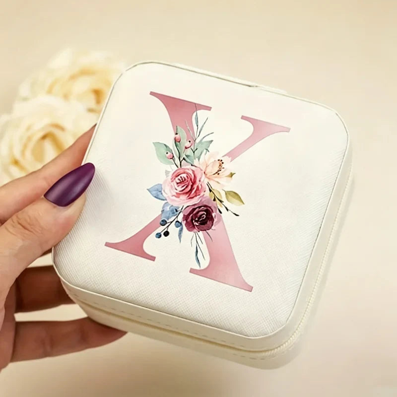 White Floral PU Leather Jewelry Box – A-Z Ring & Earring Organizer