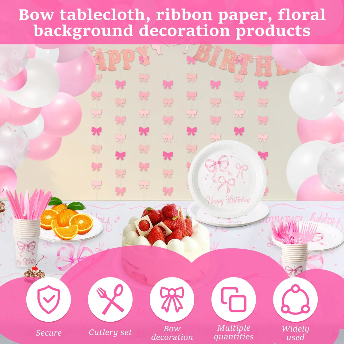 Pink Bow Party Decoration Set – Tableware & Balloons for 20