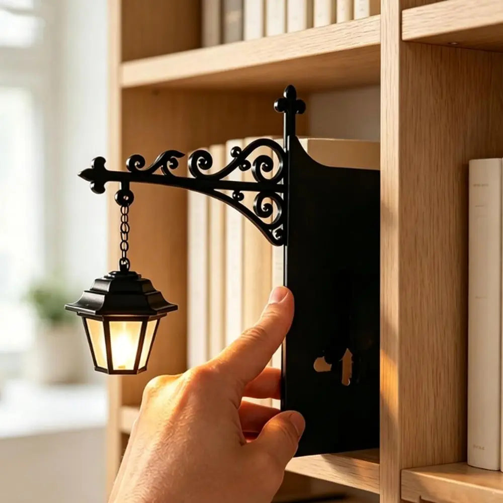 Warm LED Library Lantern – Vintage Black Bookshelf Night Light