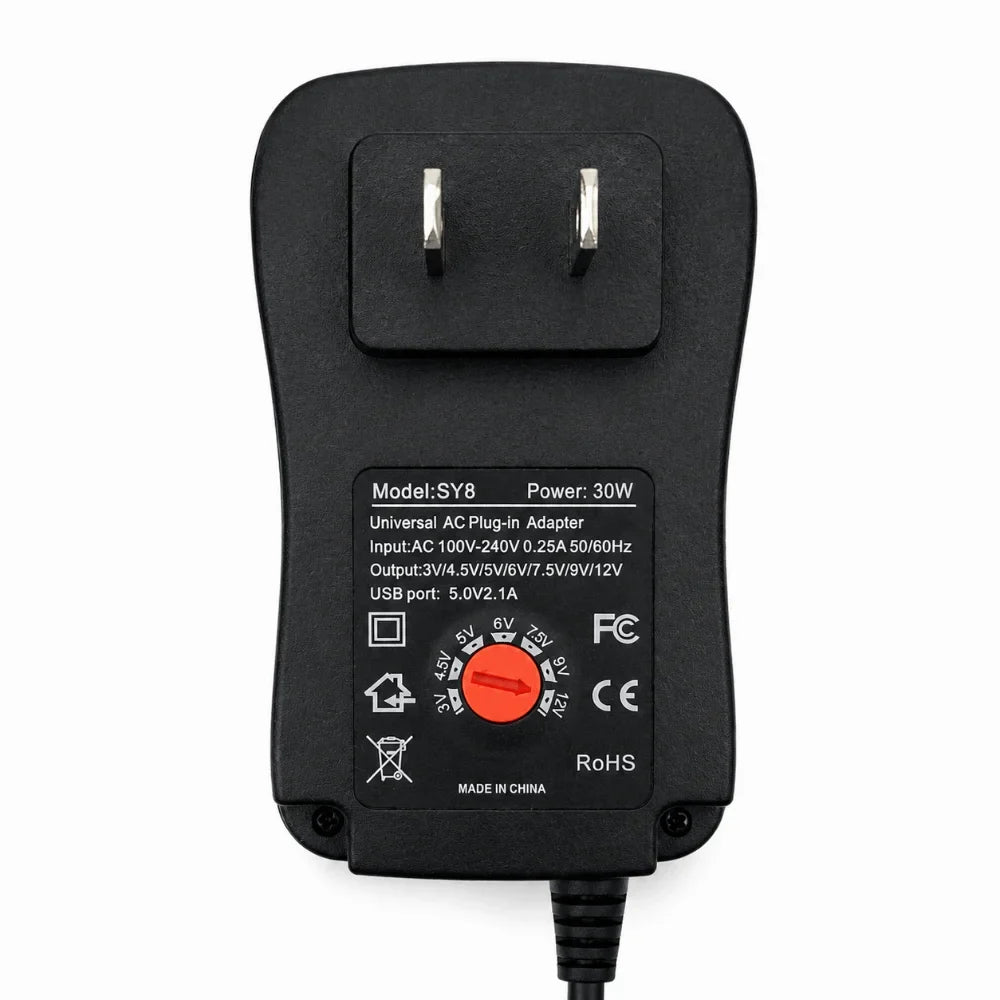30W Universal Power Adapter 3V–12V Adjustable + USB | Nixie