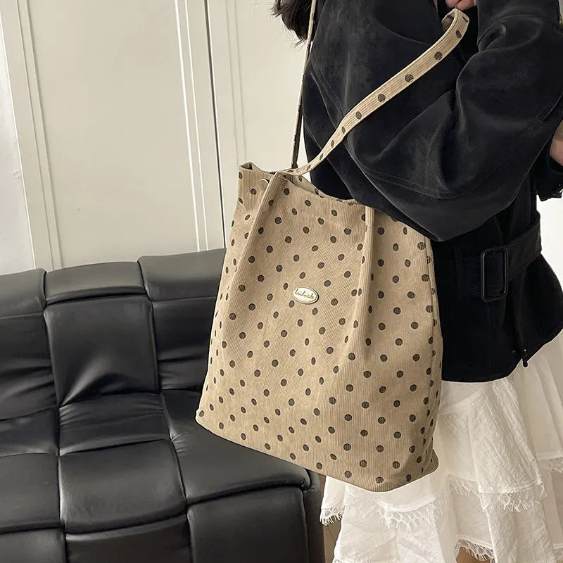 Korean Polka Dot Corduroy Tote Bag – Large Shoulder Bag