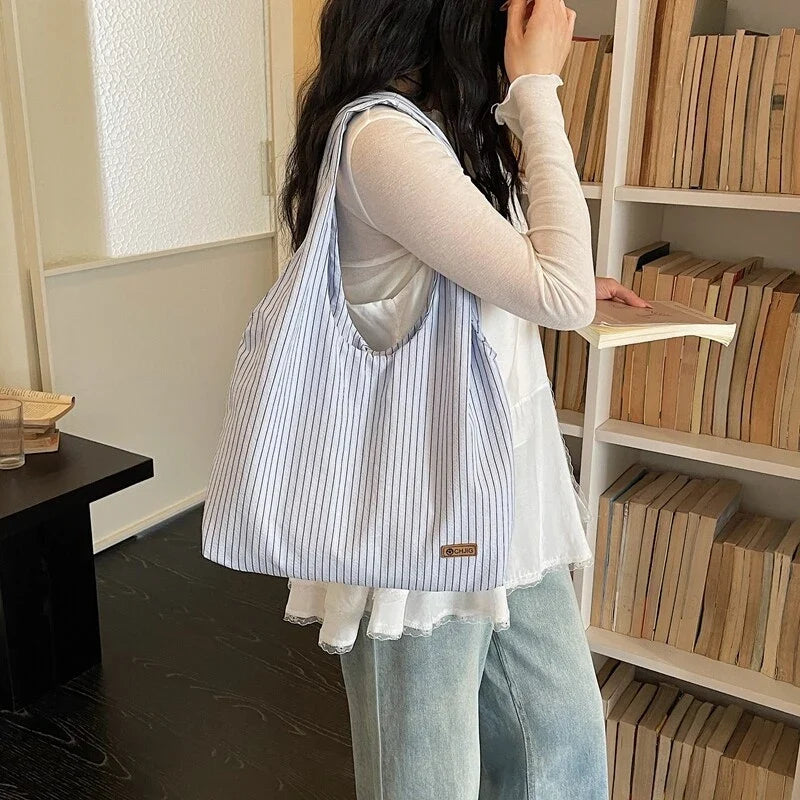 Women's Striped Canvas Tote – Large Crossbody Shoulder Bag