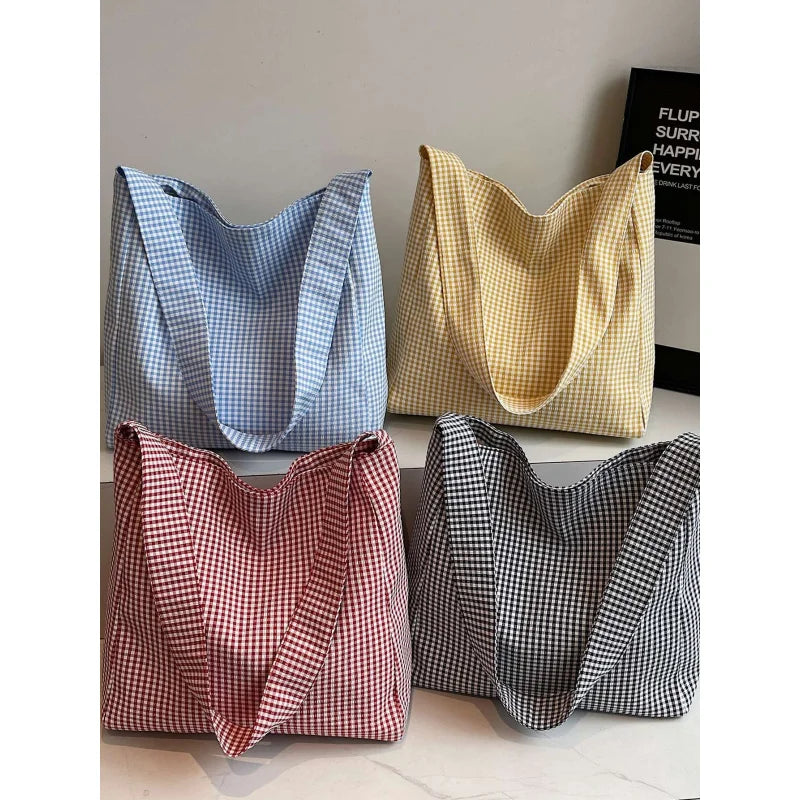 Women's Plaid Canvas Tote Bag – Large Capacity Shopping Bag