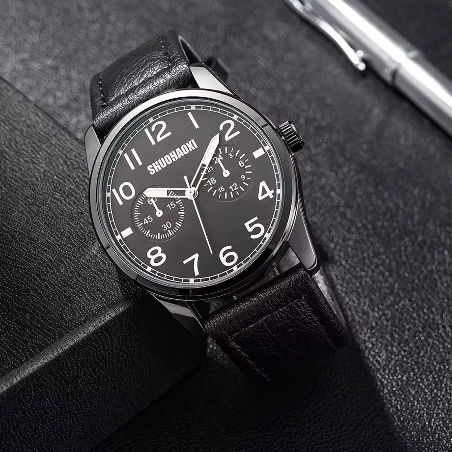REBIRTH Retro Men's Quartz Watch – Black Leather Strap