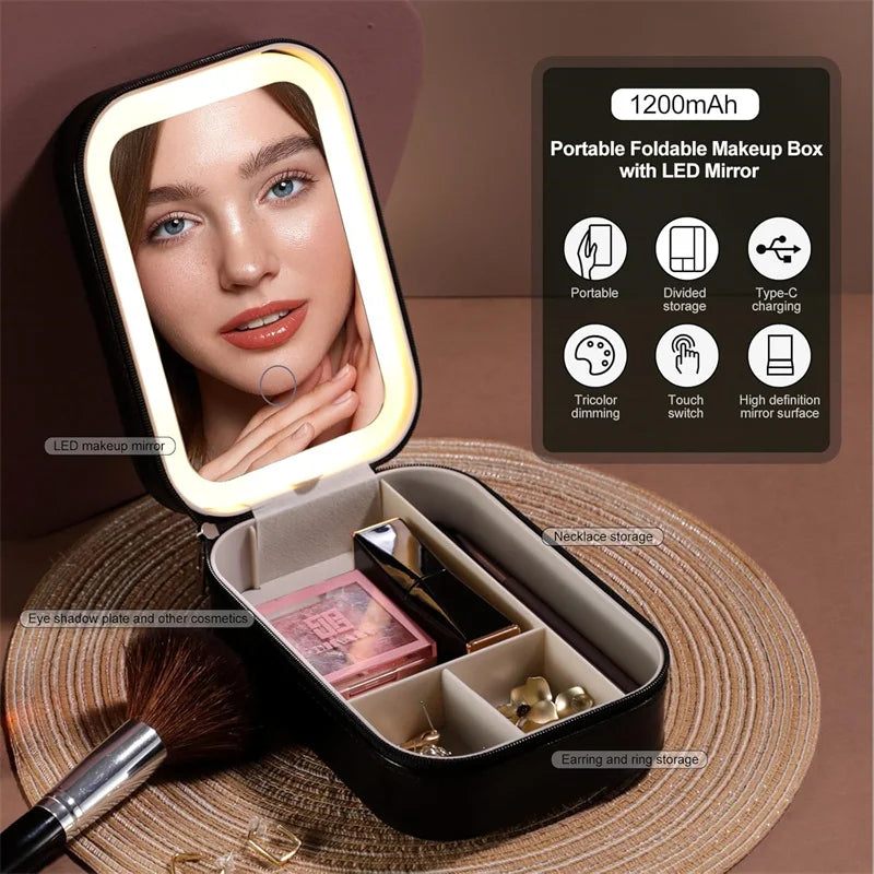 LED Makeup Storage Box with Lighted Mirror | Portable Case