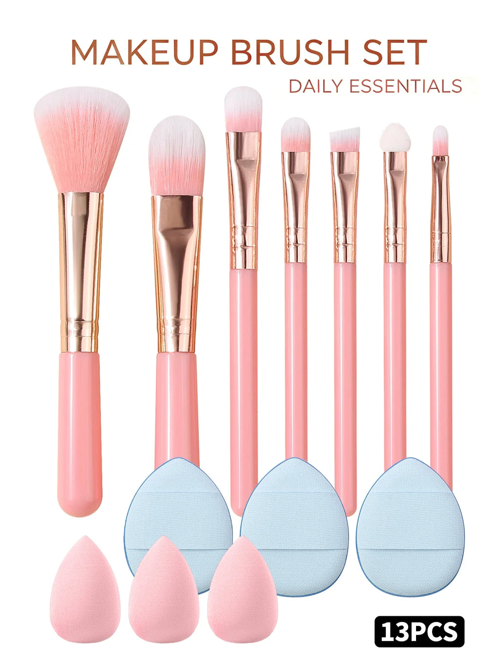 13-Piece Makeup Brush Set with Sponges & Powder Puffs