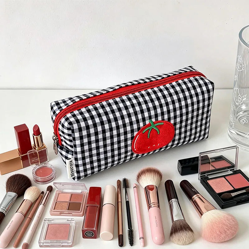 Tomato Embroidery Plaid Makeup Brush Bag & Cosmetic Organizer