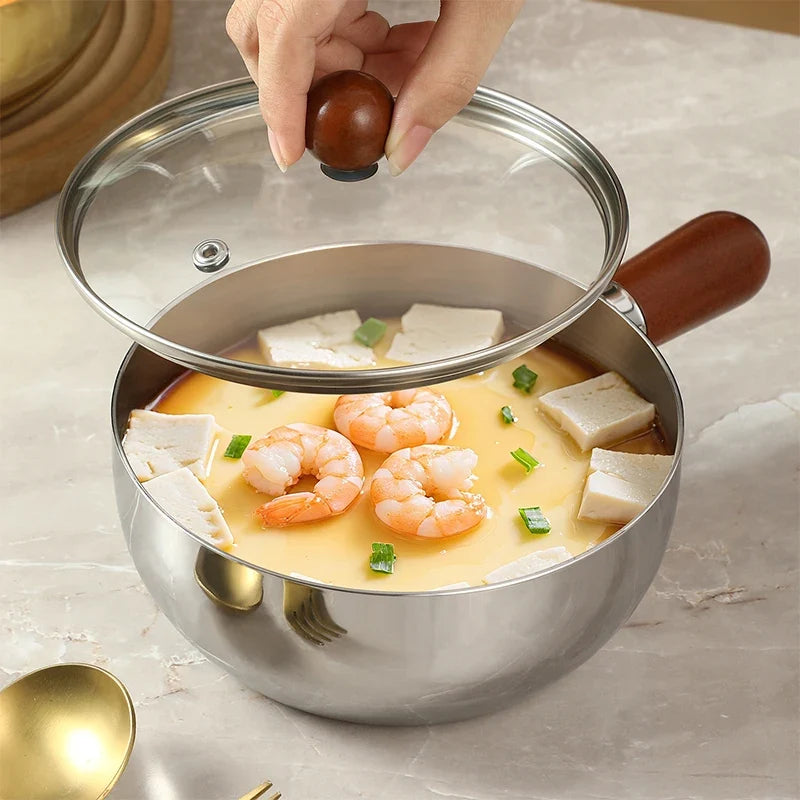 Stainless Steel Milk Pot with Wooden Handle – Compact Cooking Pot