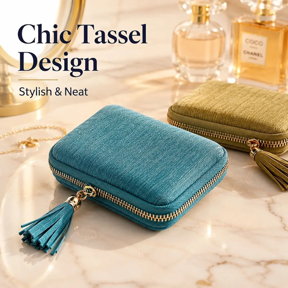 Travel Jewelry Organizer Pouch | Zipper Bag with Tassel & Velvet Lining