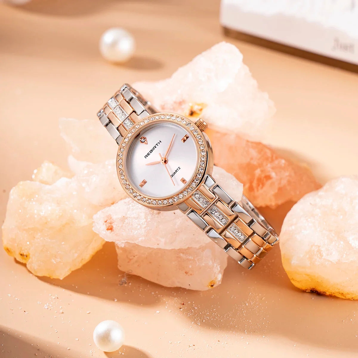 REBIRTH Women's Rose Gold Quartz Watch Diamond Bezel | Gift