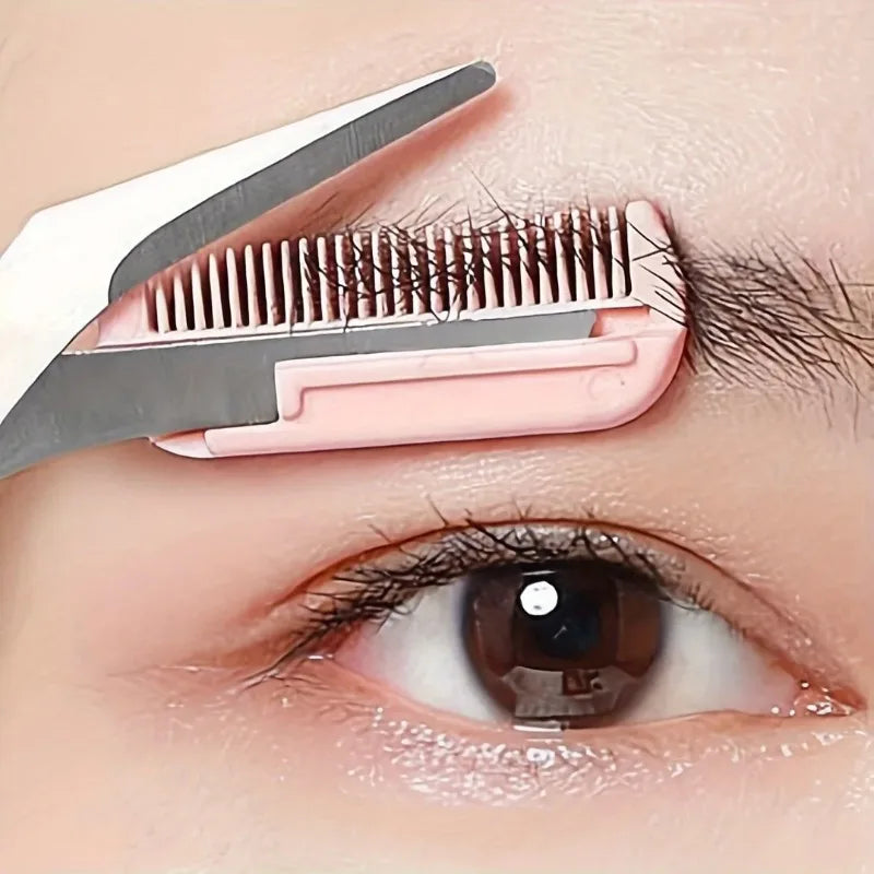 Pink Eyebrow Scissors with Built-In Comb – Stainless Steel