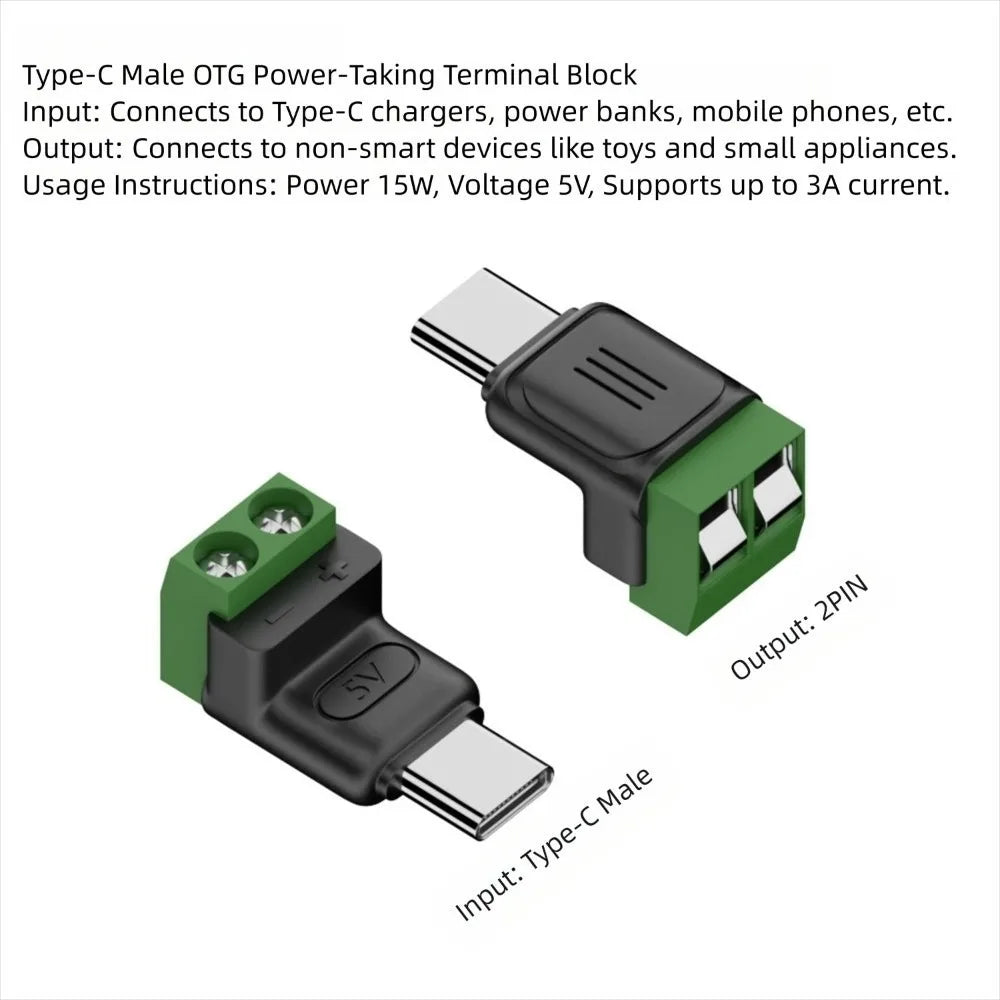 Solderless USB-C to 2-Pin Crimp Terminal Block Adapter 5V