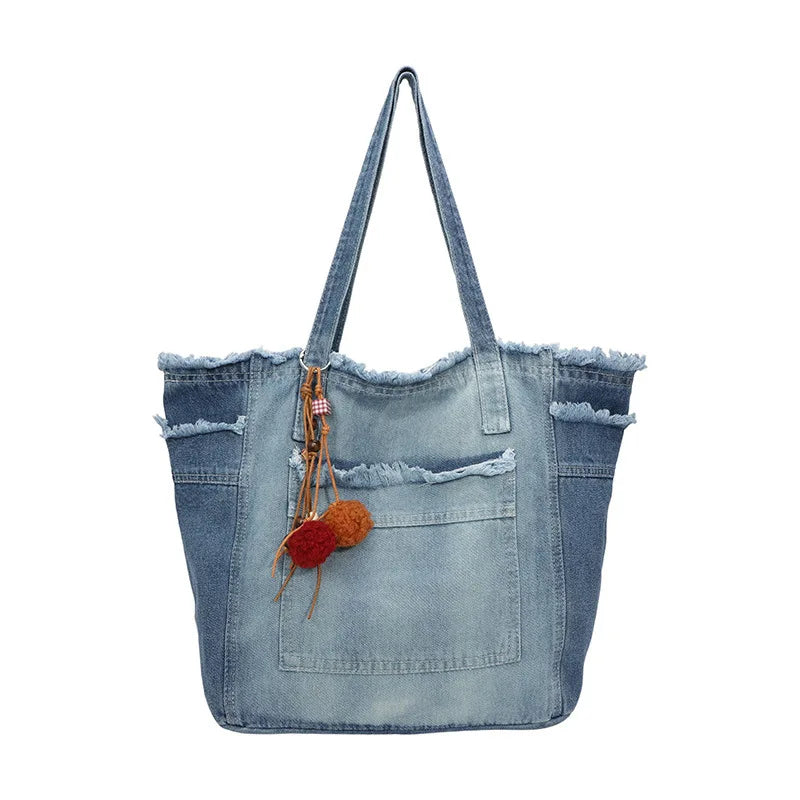 Japanese Washed Denim Tote Bag – Large Women's Shoulder Bag