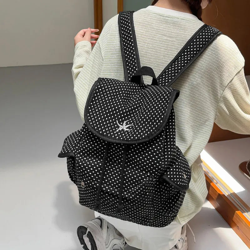 Korean Starfish Embroidered Polka Dot Canvas Backpack