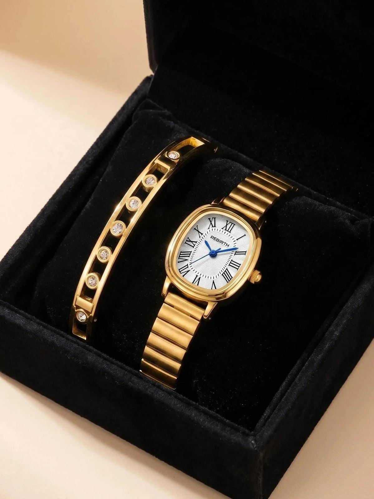 Women's Gold Watch & Bracelet Set – Quartz Roman Numeral Dial
