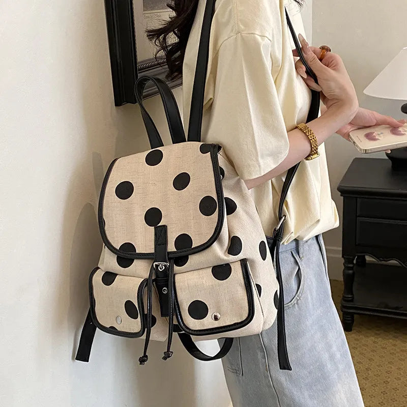 Korean Polka Dot Canvas Backpack – Women's Multi-Pocket Bag