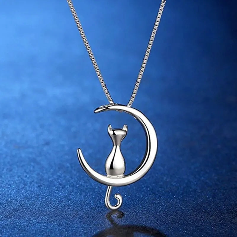 Women's Moon Cat Pendant Necklace | Celestial Gift Jewelry