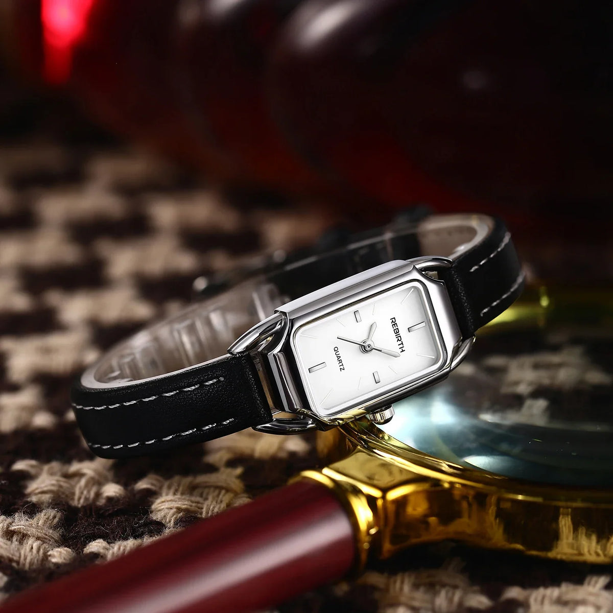 REBIRTH Women's Retro Leather Strap Quartz Watch | Rectangle Dial