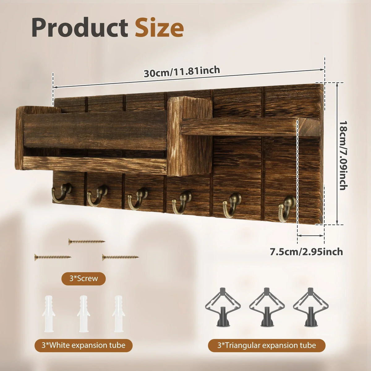 Wall Mount Mail Organizer & Key Holder with Shelf & Hooks