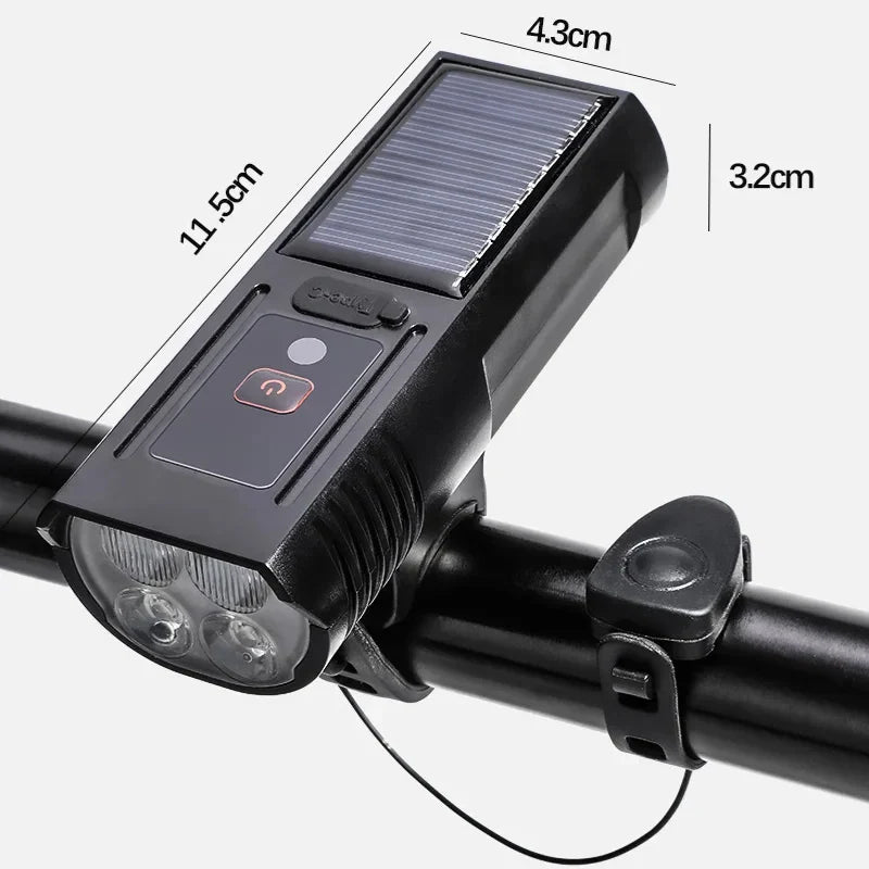 Solar Bike Headlight with Horn – Smart Sensing & Type-C