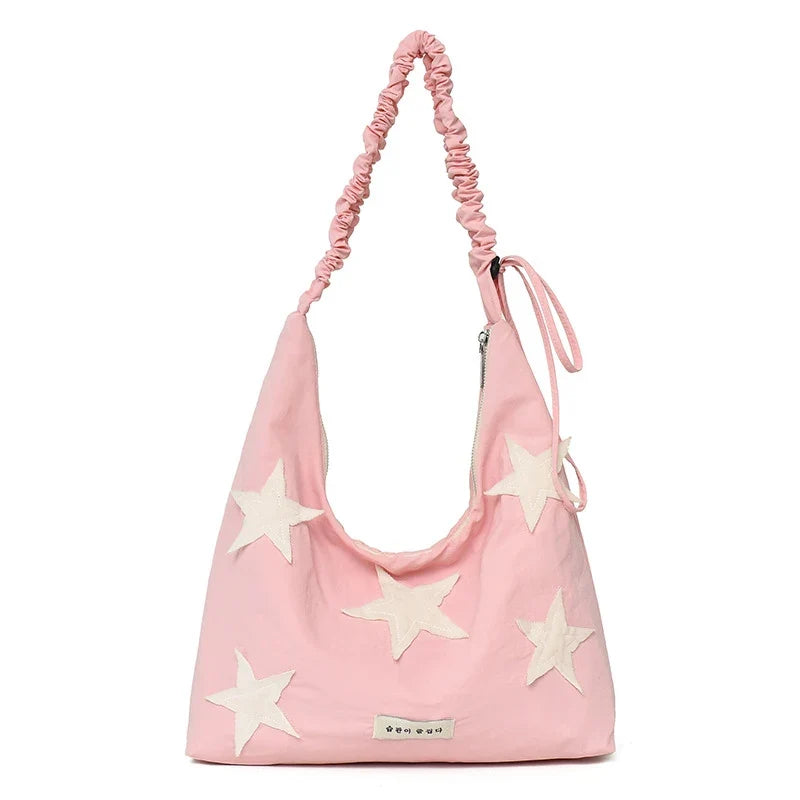 Korean Star Embroidered Canvas Tote Shoulder & Crossbody Bag