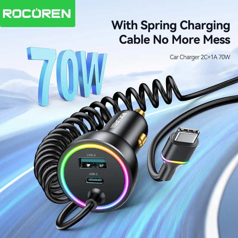 Rocoren 70W USB Car Charger PD 35W Fast Charge + Spring Cable