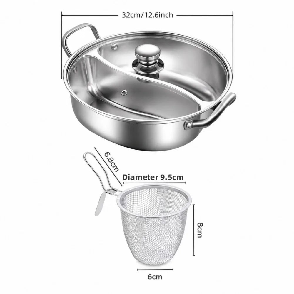 32cm Stainless Steel Hot Pot Divider & Strainer Basket Set