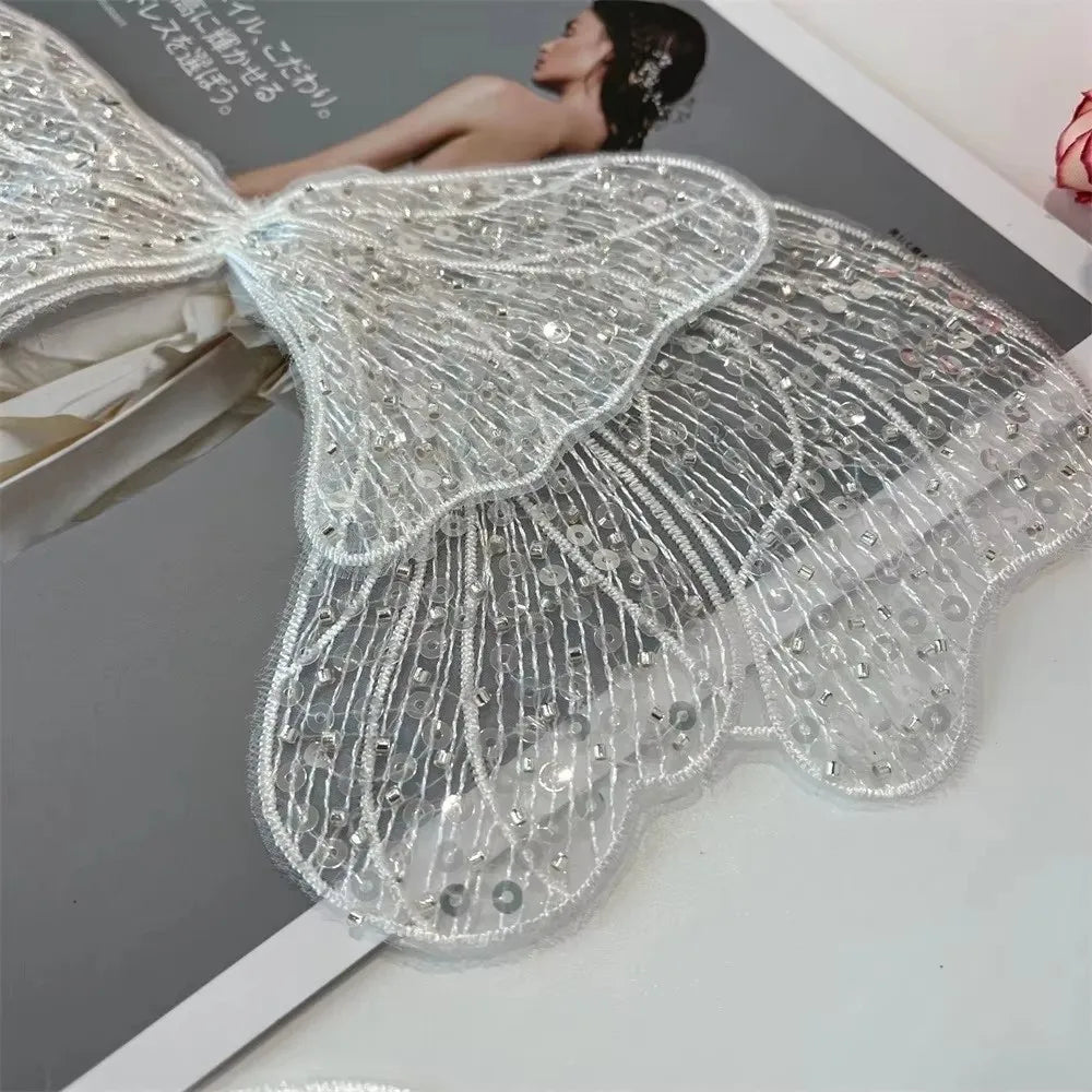 Silvery Bow Lace Patch – Sequin Bead Embroidery Bridal Appliqué
