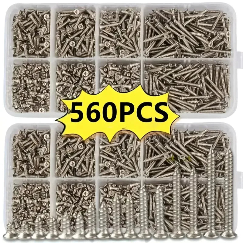 560-Piece M2 Self-Tapping Wood Screw Set – 8 Sizes Kit
