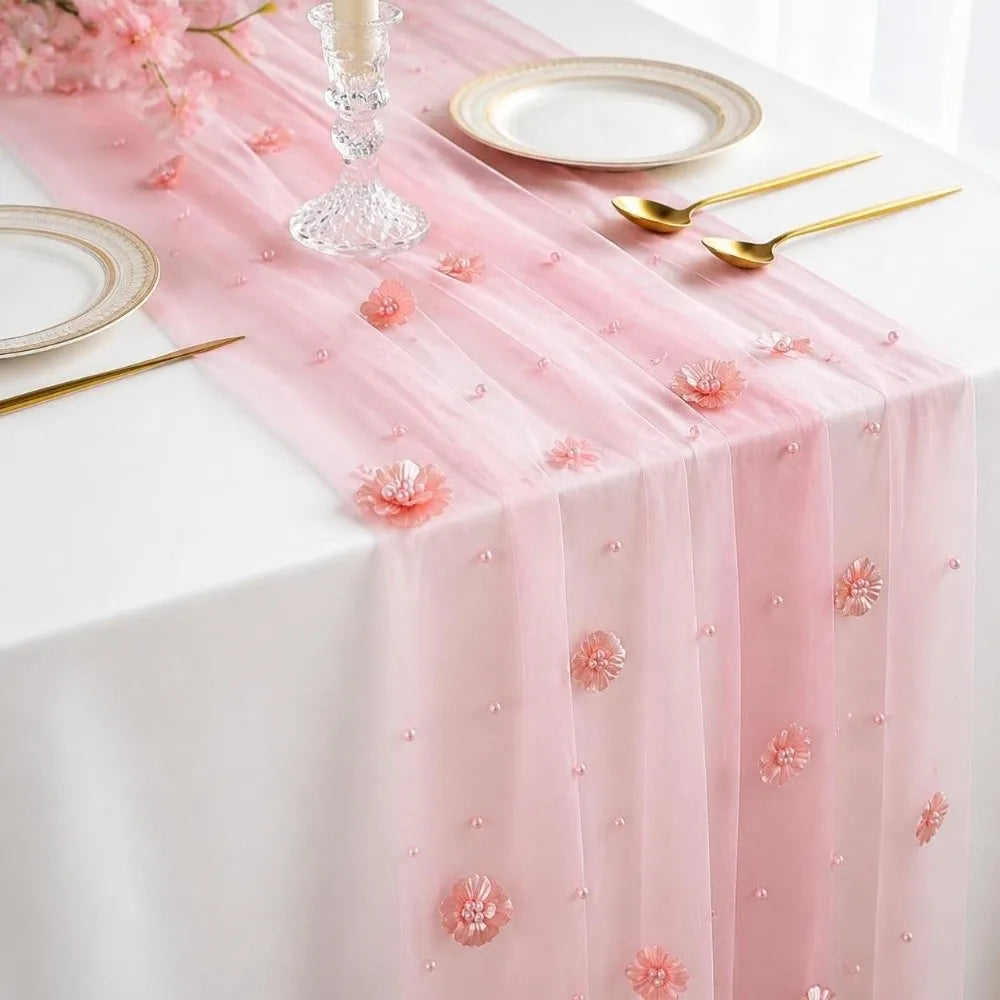 Tulle Table Runner 75x300cm Sheer Floral Embroidered Décor