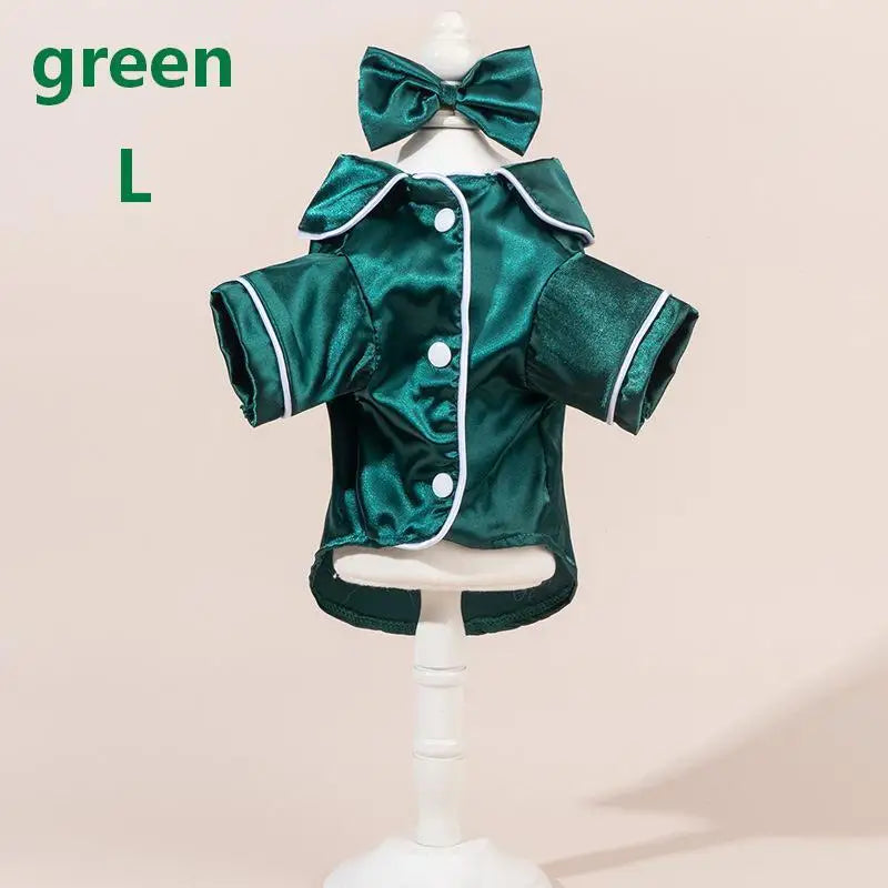 Satin Dog Pajamas Set with Bow Headband | Soft Pet Sleepwear
