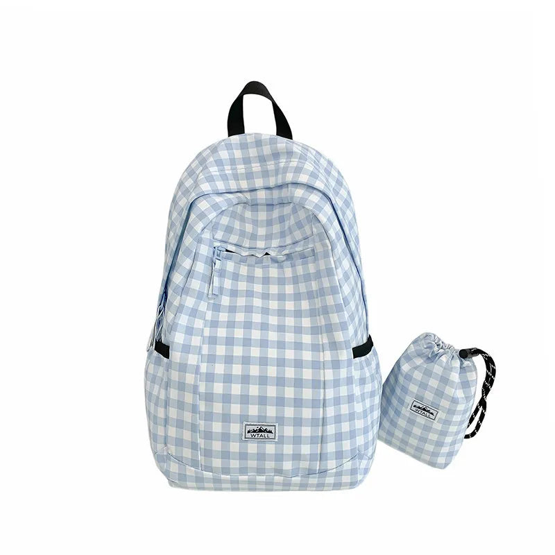 Korean Plaid Canvas Backpack – Large Capacity College Bag