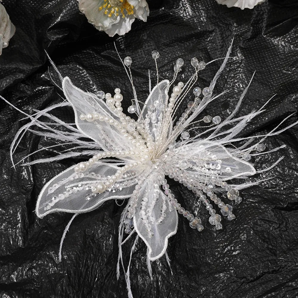 3D Organza Flower Patch – Pearl Crystal Feather DIY Embroidery