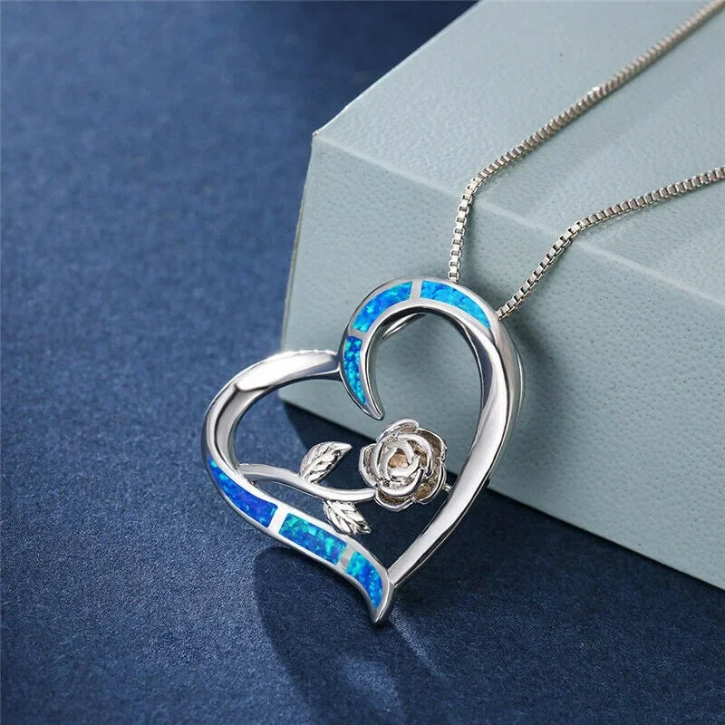 Women's Simulated Opal Rose Flower Heart Pendant Necklace