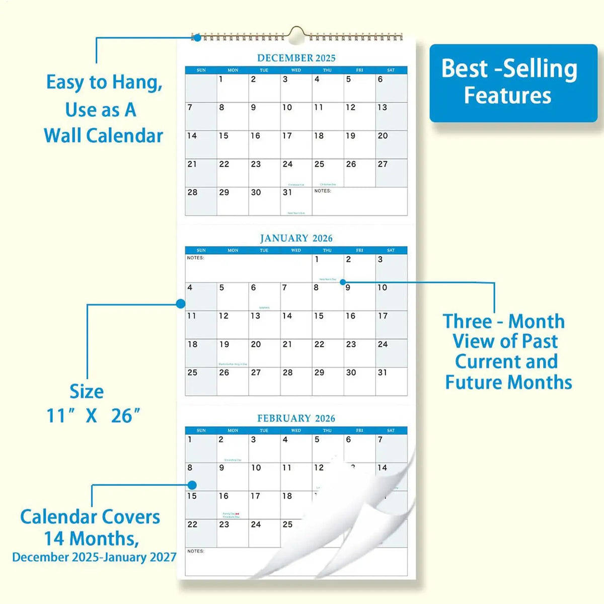 2026 Wall Calendar – 16-Month 3-Month Vertical Planner