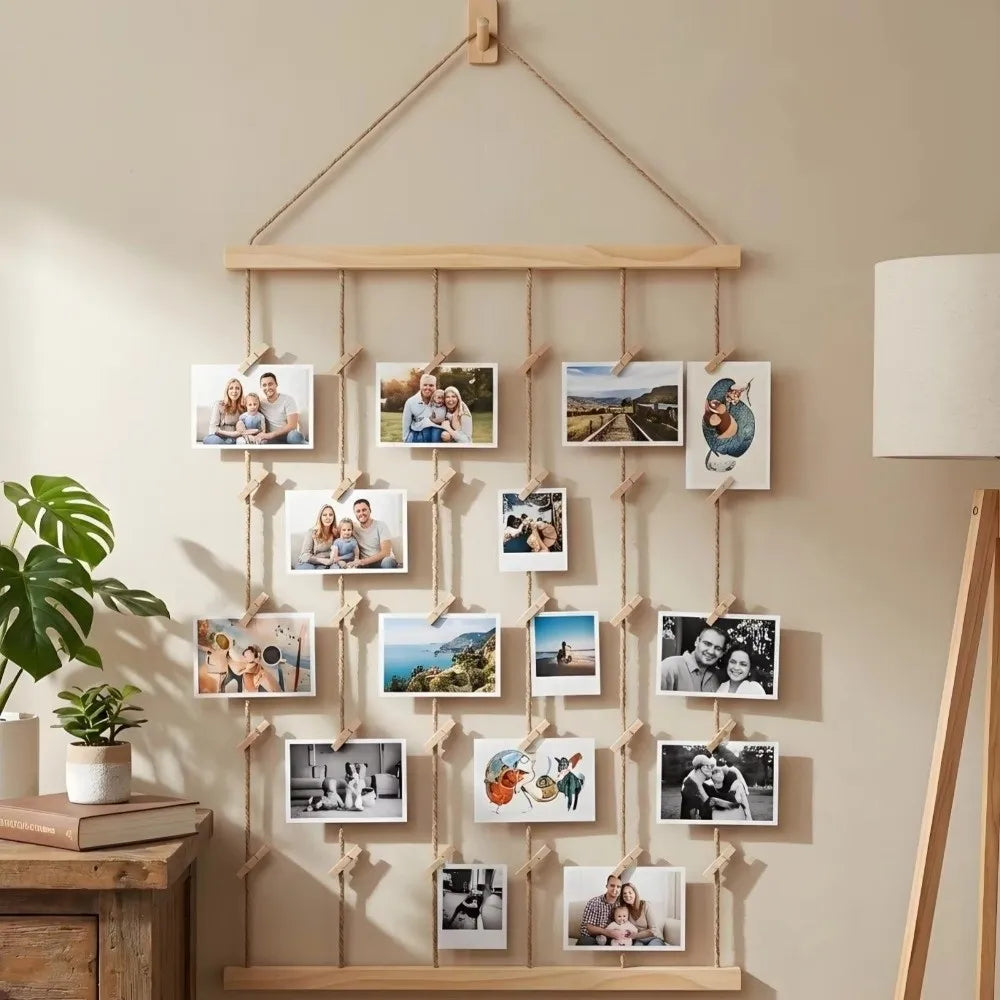 Wood Hanging Photo Display Collage Wall Decor with Clips
