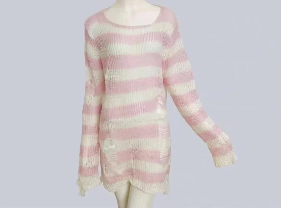 Women's Punk Gothic Oversized Striped Hollow Knit Pullover Sweater